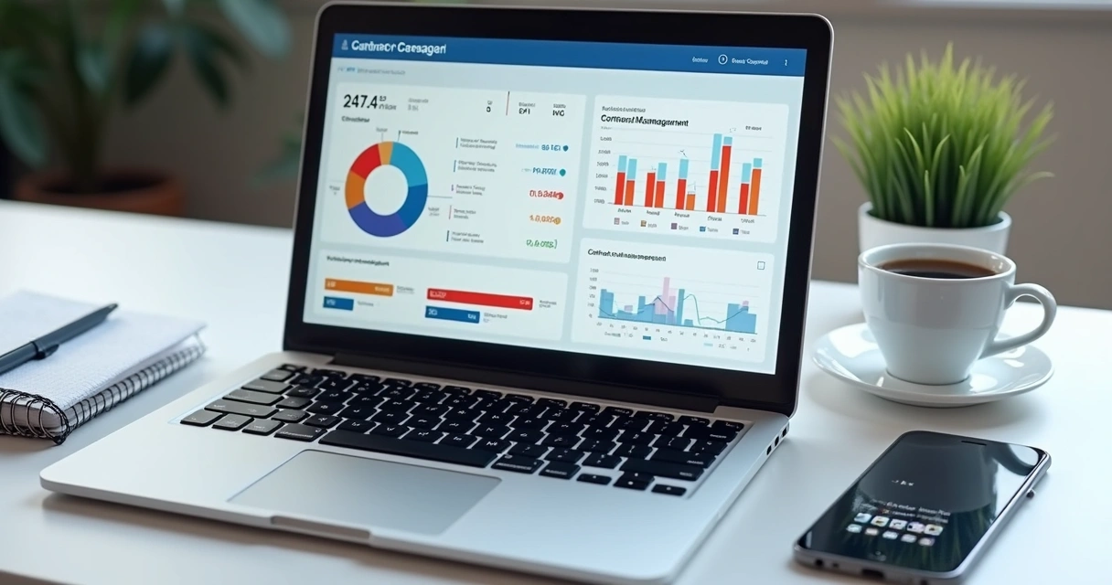 Painel digital de gestão de contratos em um notebook
