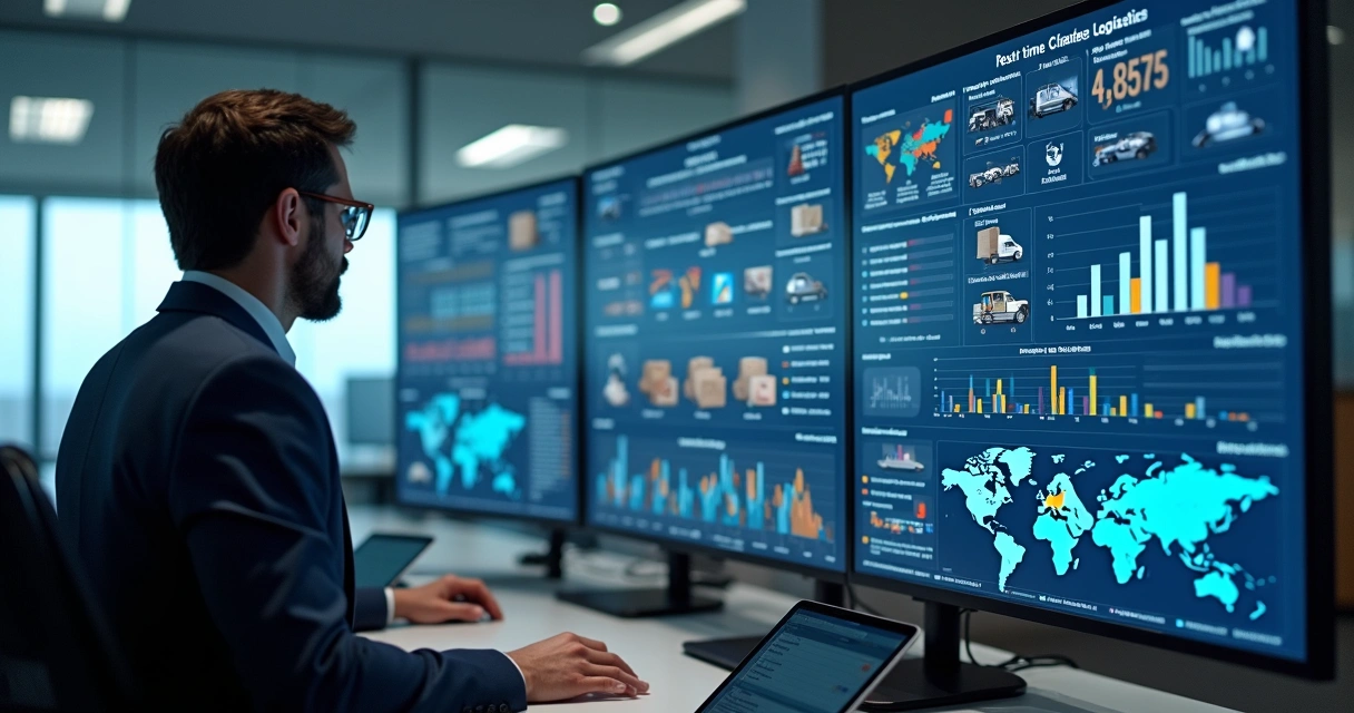 Gestor analisa painel digital com dados logísticos de entregas e pedidos em tempo real 