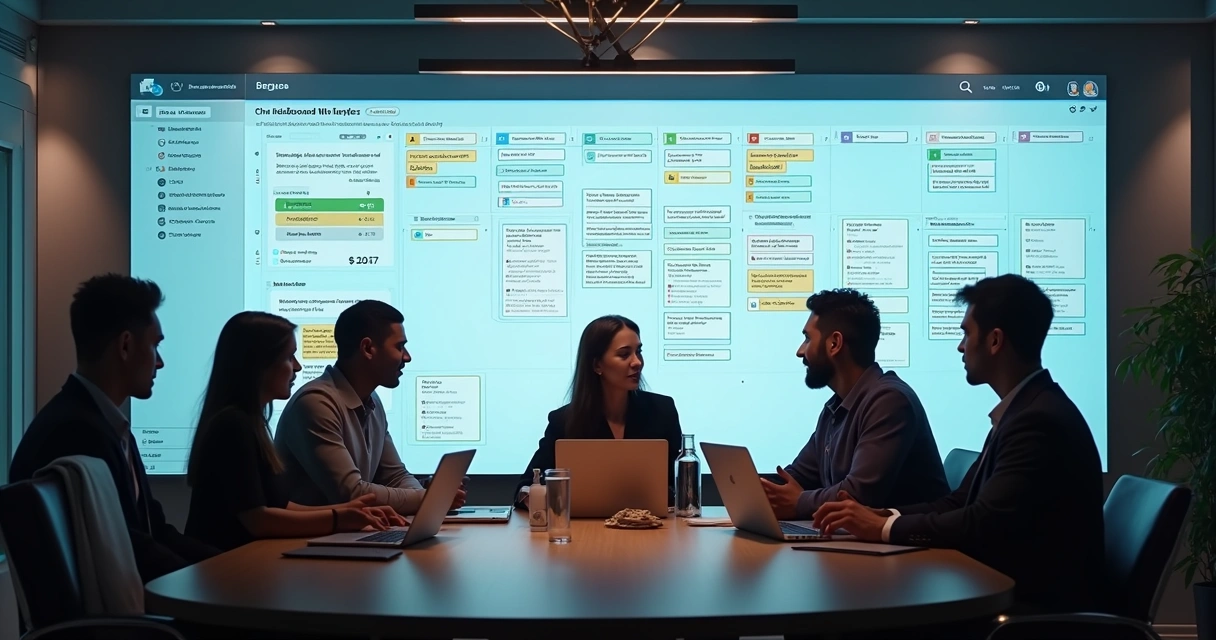 Dashboard visual com cartões de tarefas, indicadores de progresso e pessoas reunidas diante de uma tela 