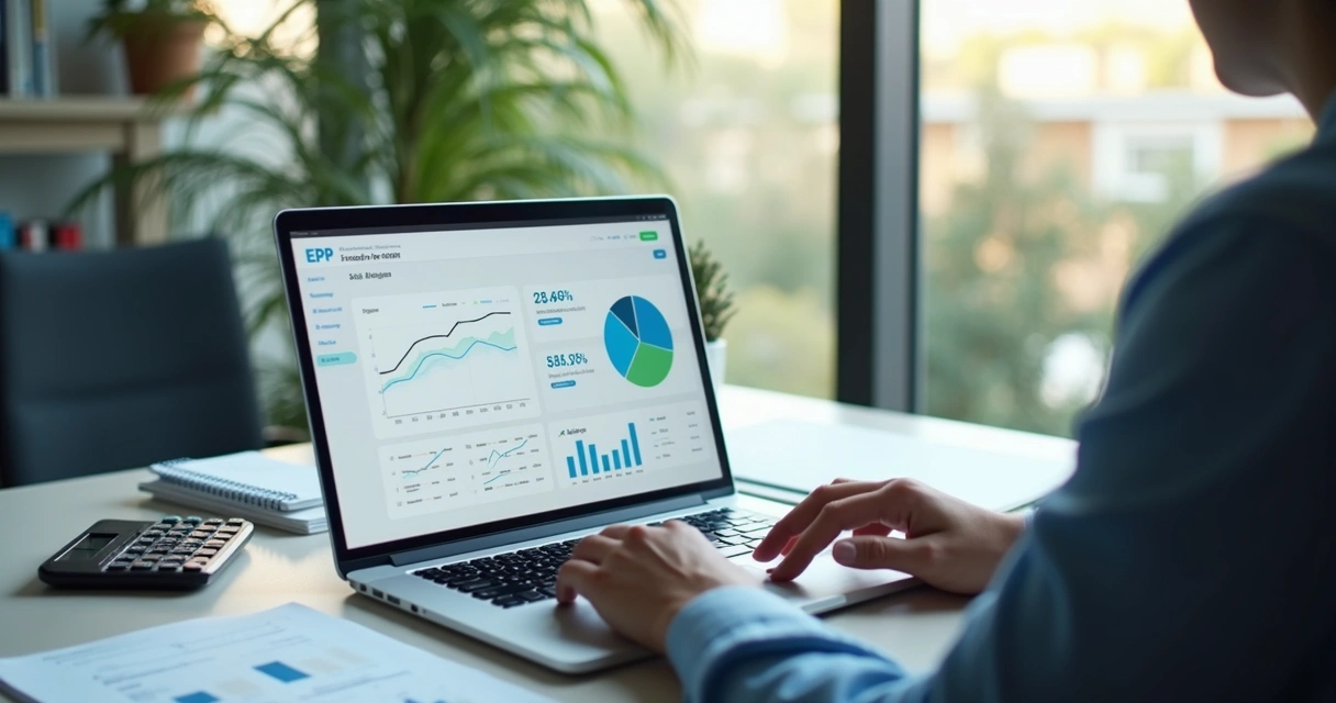 Painel de ERP em notebook com gráficos e estoque