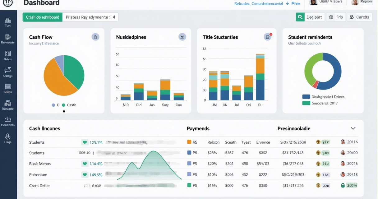 Painel de gestão escolar digital com gráficos e indicadores financeiros 