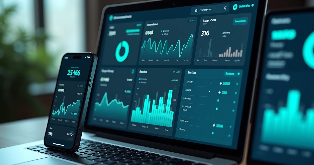Painel de gestão mostrando indicadores de uma fintech em uma mesa de trabalho digital 