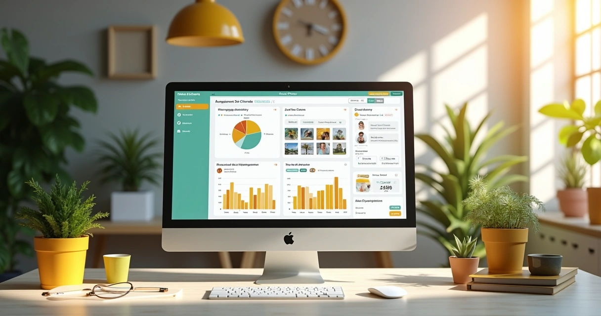 Painel digital de gestão com calendário, contratos e fotos em destaque