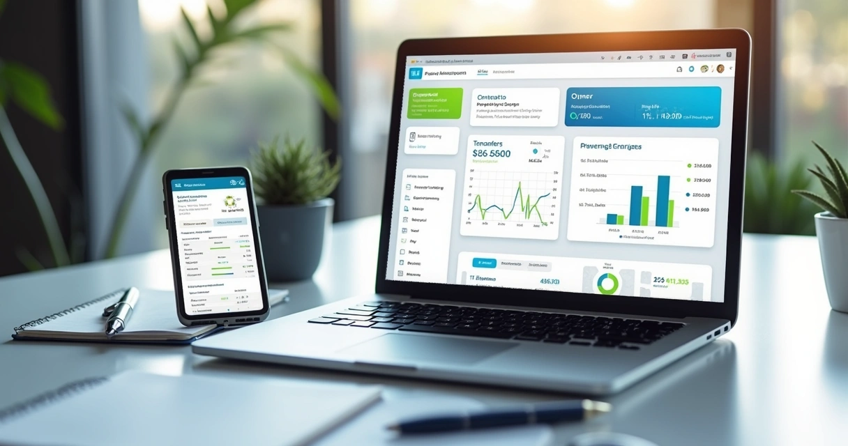 Painel de gestão imobiliária em notebook e celular 