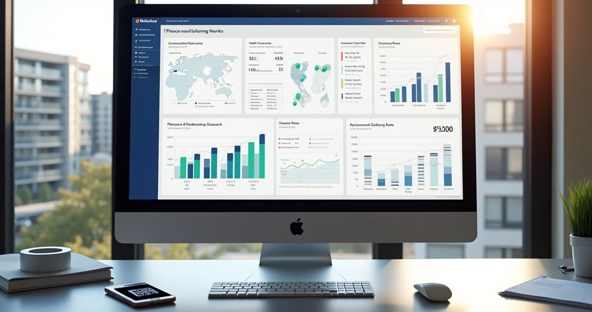 Painel digital de gestão imobiliária com indicadores e gráficos de aluguel 
