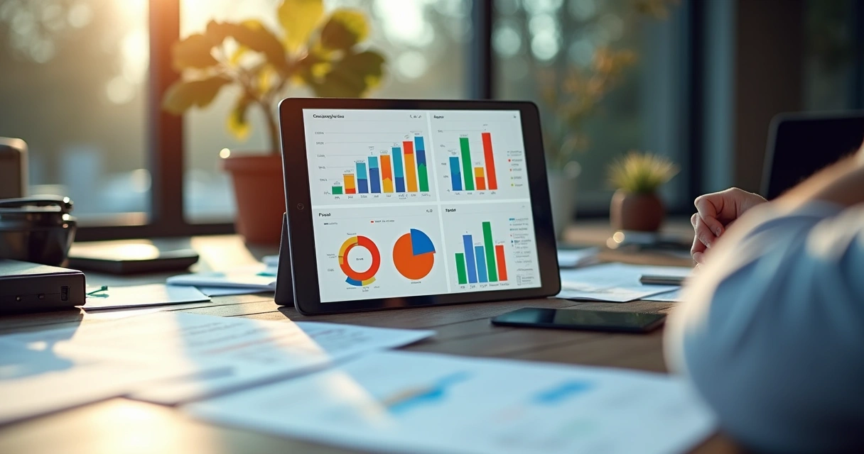 Painel digital de gestão integrada com gráficos de vendas, estoque e finanças. 