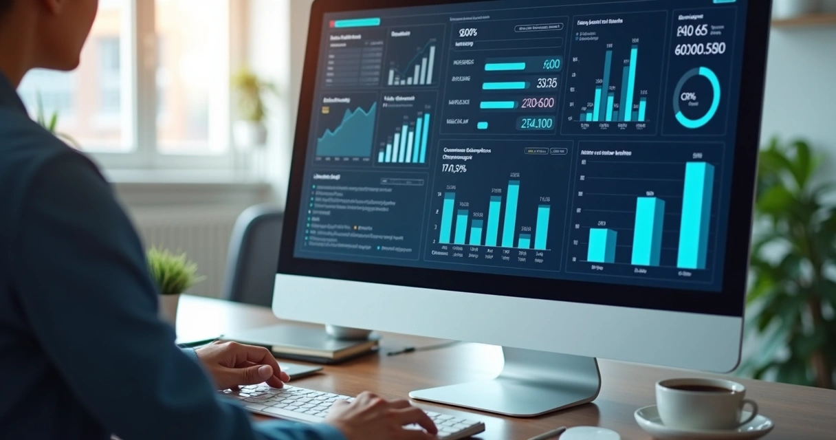 Painel de gestão com gráficos, estoque e financeiro em tela única 