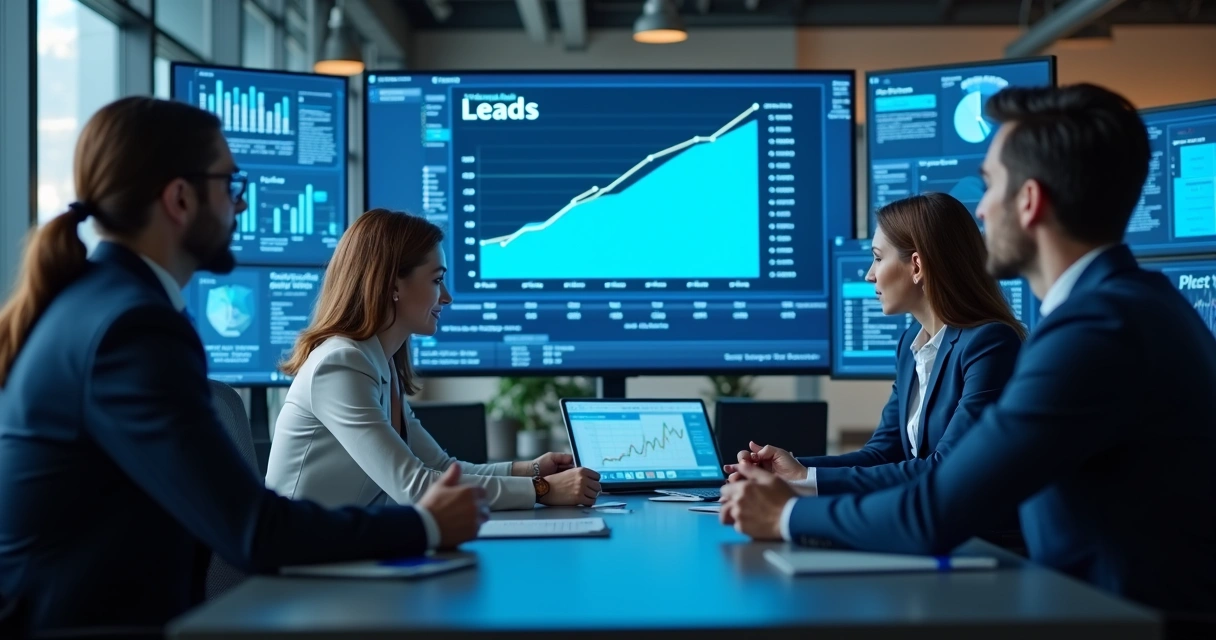 Painel digital com gráfico de leads em crescimento ao lado de equipe de vendas analisando dados 