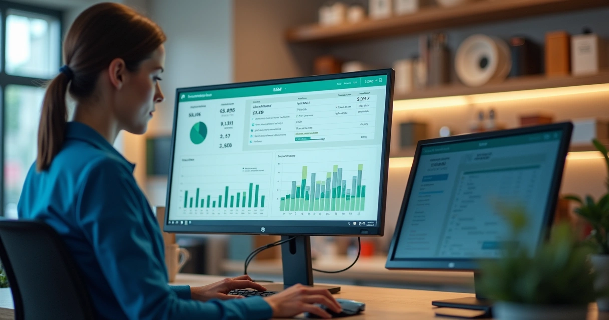 Painel de gestão com gráficos de vendas ao lado de operador em ambiente comercial 