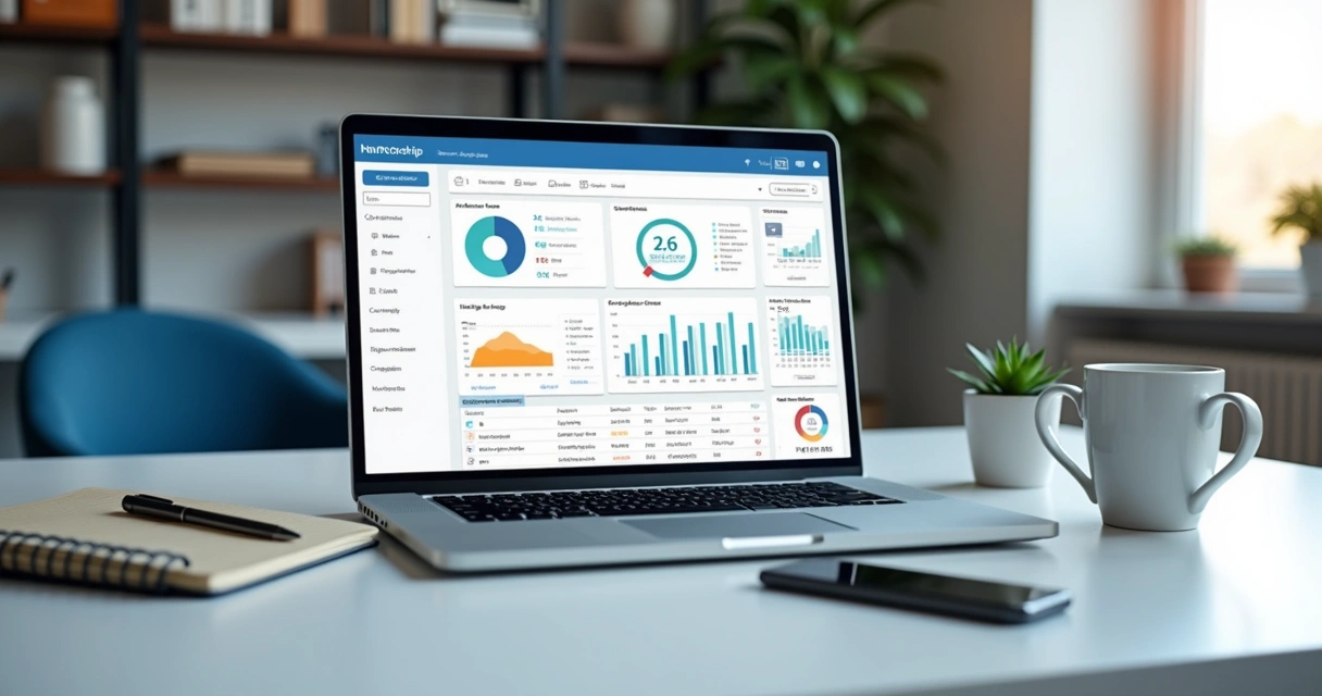 Painel de gestão de mentoria em notebook com agenda e métricas