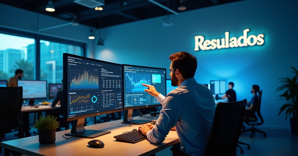 Painel digital mostrando métricas de campanha online em ambiente de agência 