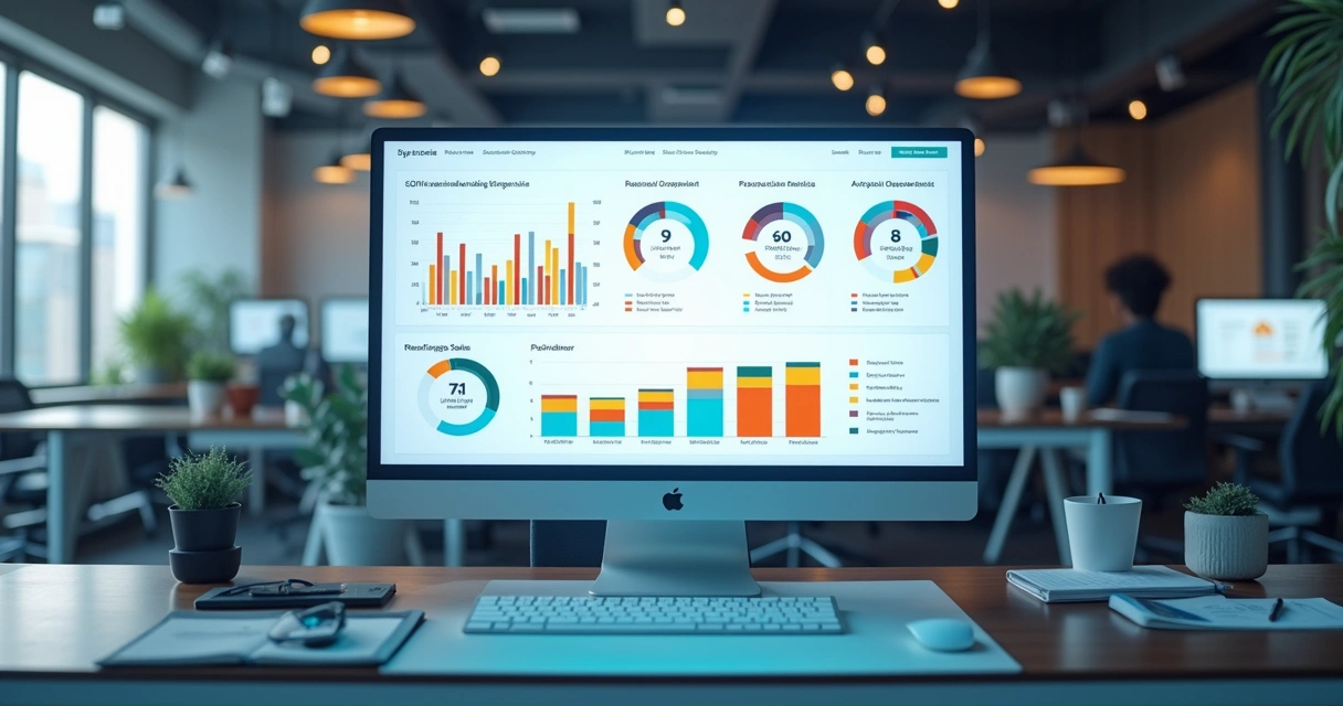 Painel digital de gestão com indicadores de vendas, financeiro e tarefas 