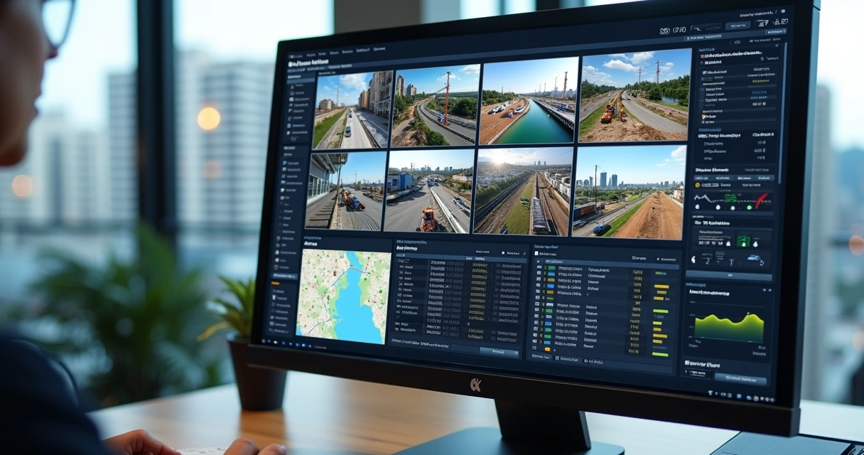 Plataforma de gestão visual de obra com imagens de câmeras PTZ em tela