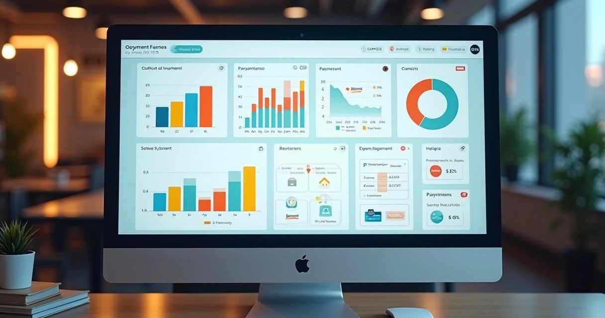Painel digital de gestão de pagamentos com gráficos, relatórios e transações em tempo real.