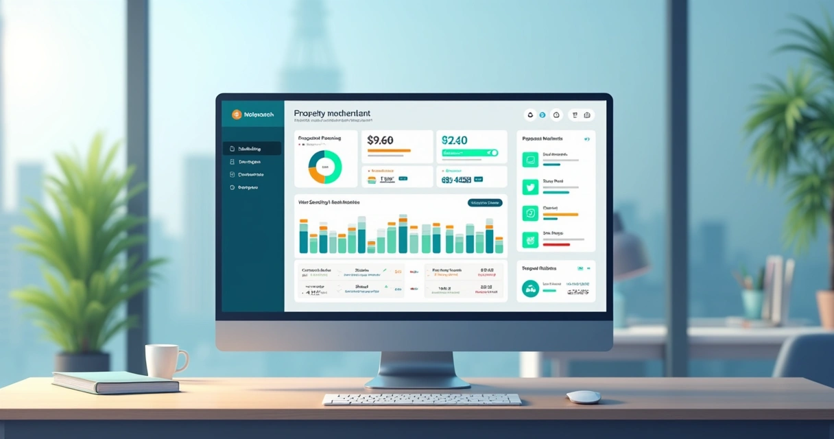 Tela de computador mostra painel de gestão de aluguel com gráficos, alertas e botões de ação 