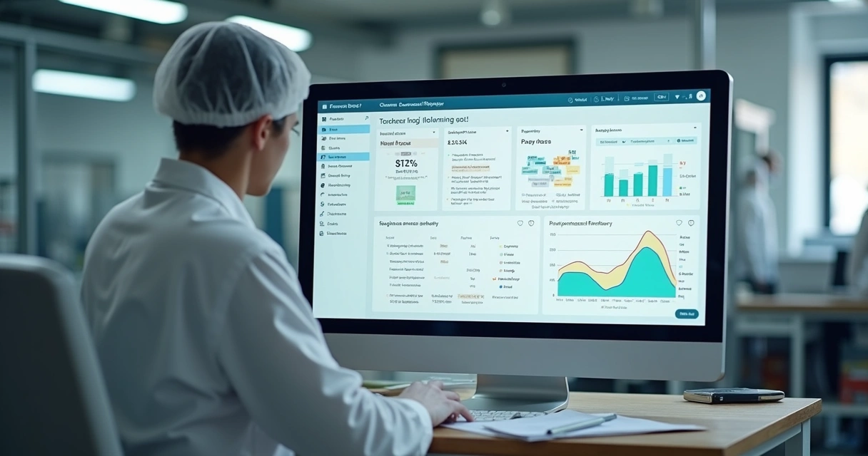 Dashboard digital de controle sanitário em tela de computador sobre mesa de fábrica de alimentos 