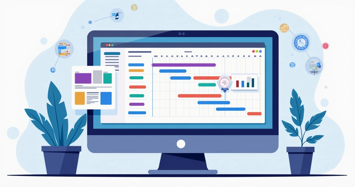Painel colorido com cronograma MS Project e destaque para inteligência artificial 