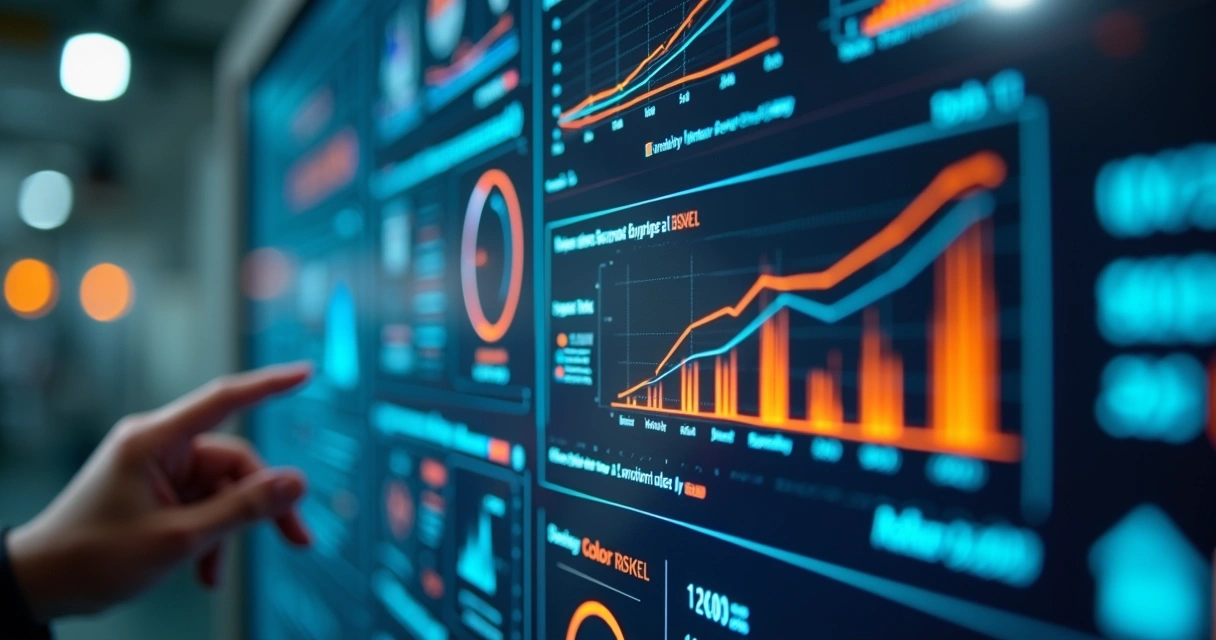 Painel digital mostrando análise de riscos industriais em cores destacadas 