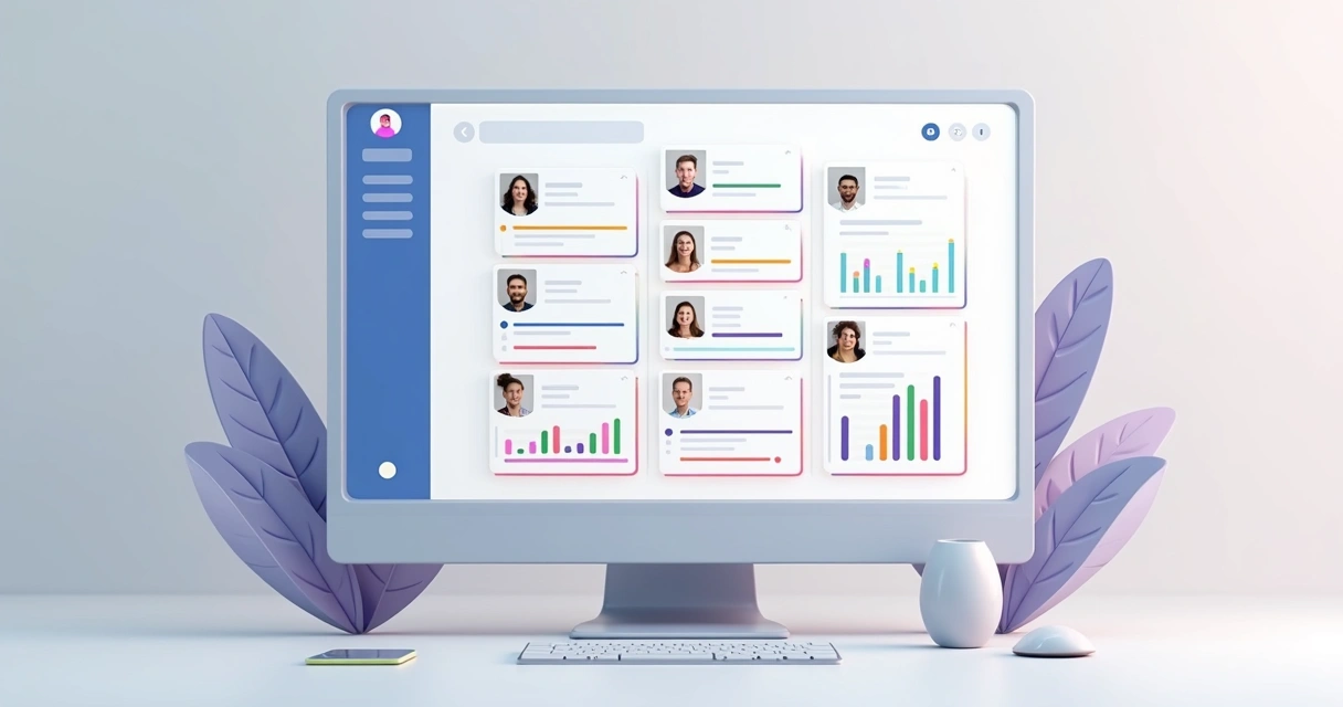 Painel digital de gestão de tarefas com quadros, barras de progresso e avatares de pessoas 