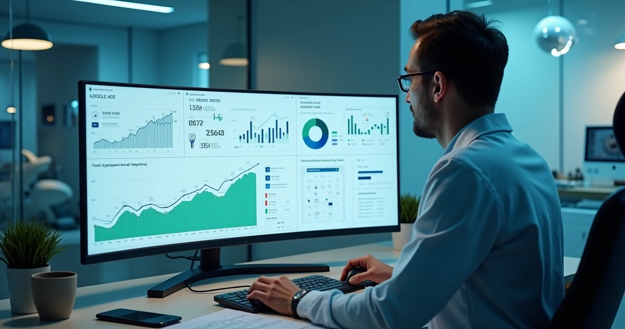 Dentista analisando painel de gestão de tráfego com canais digitais e ícones odontológicos 