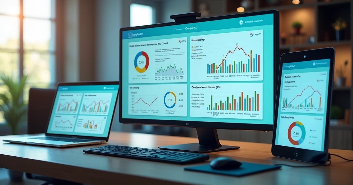 Painel unificado com gráficos de campanhas de Google Ads e Meta Ads em tela de computador 