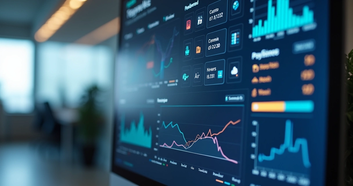 Painel de gestão de conteúdos em TV indoor com gráficos de desempenho 