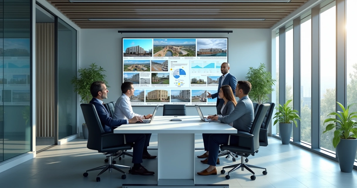 Painel digital de gestão visual em reunião de obras 