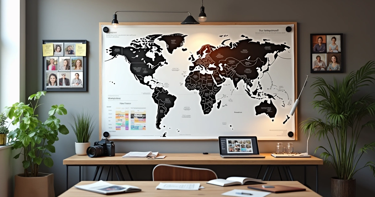 Painel com mapas, gráficos e referências visuais de fotografia 