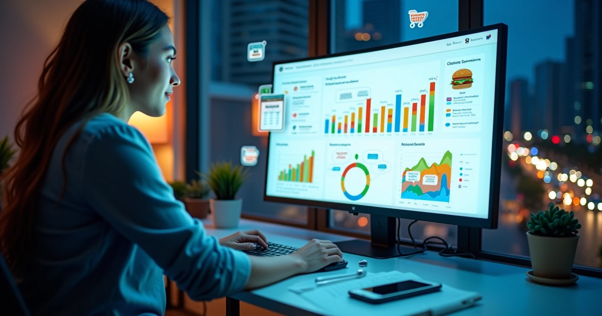 Gestor analisando painel de Google Ads com ícones de delivery e gráficos em alta 