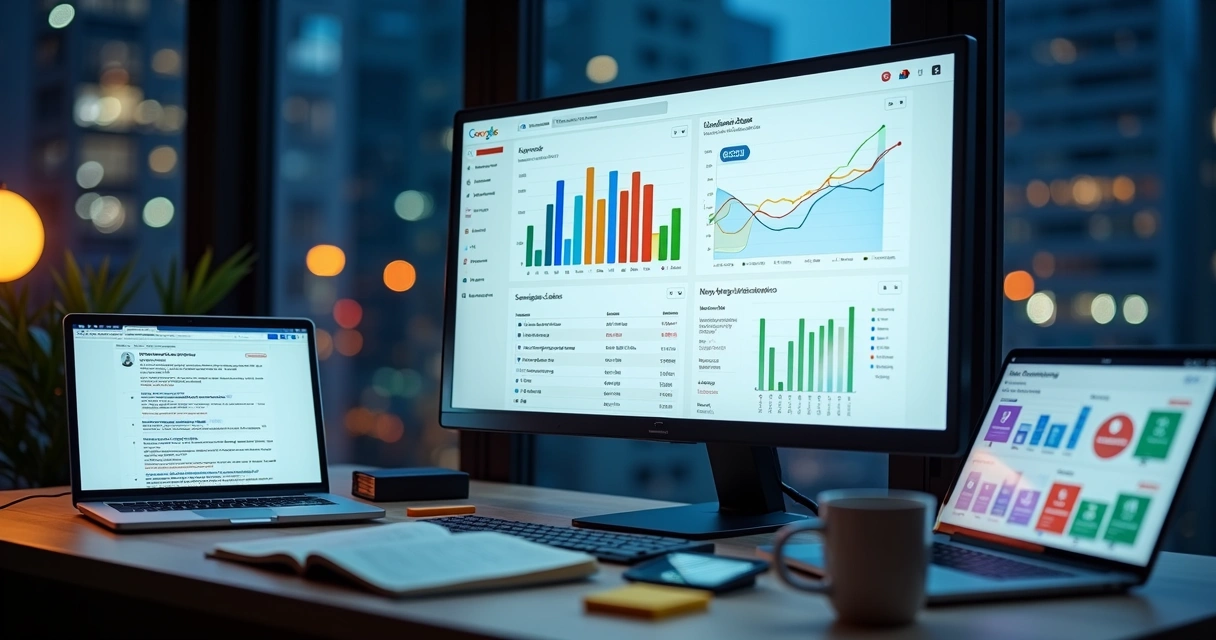 Painel com anúncios gráficos coloridos e gráficos de desempenho de campanhas digitais 