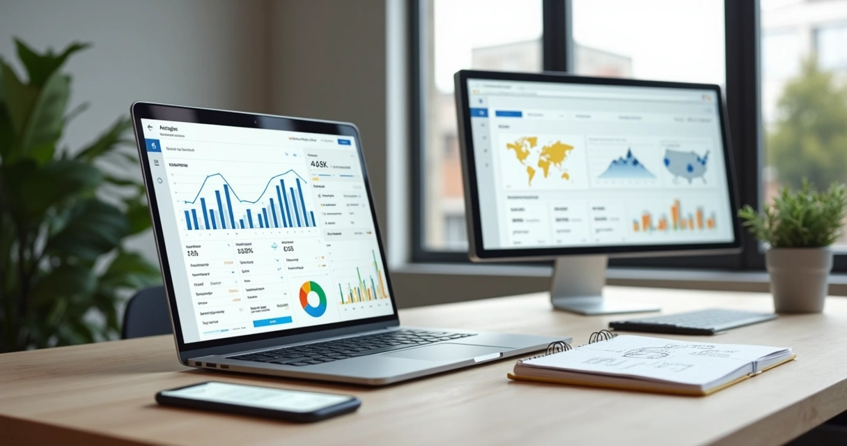 Tela de Google Analytics com gráficos ao lado de notebook mostrando loja virtual 