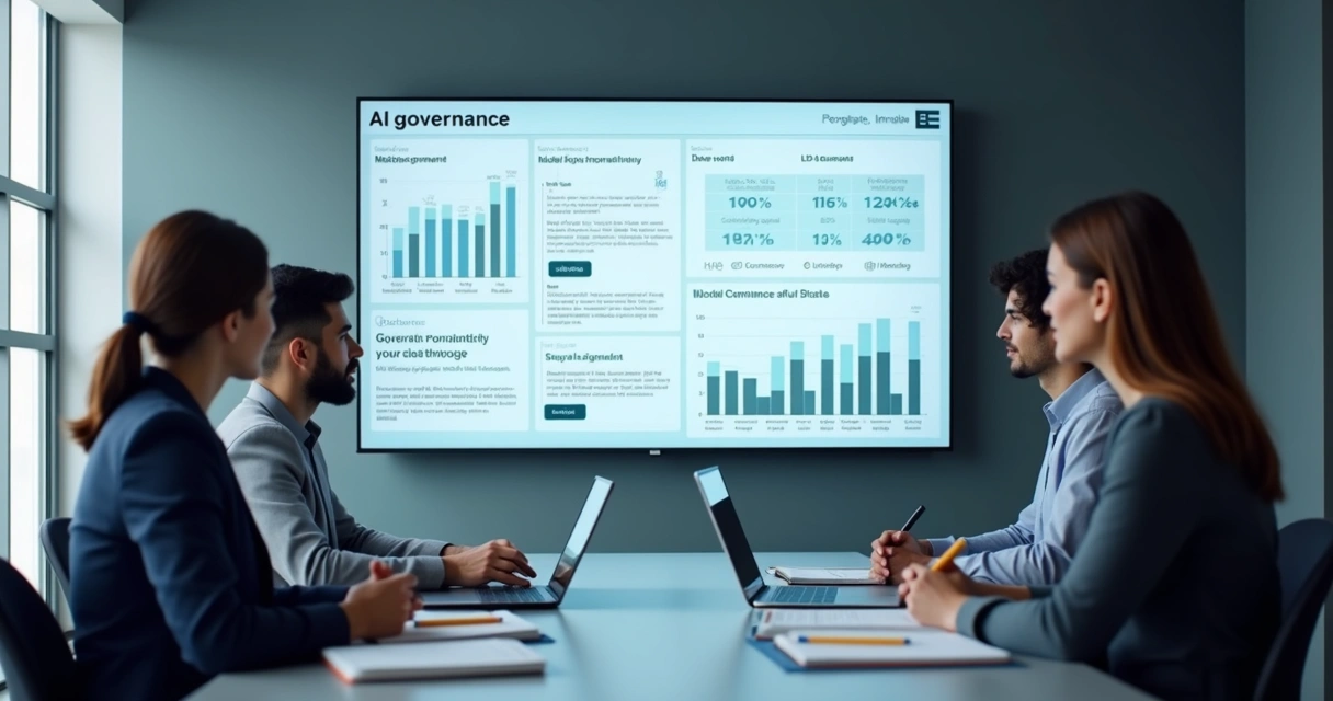Painel corporativo com indicadores de governança em IA 
