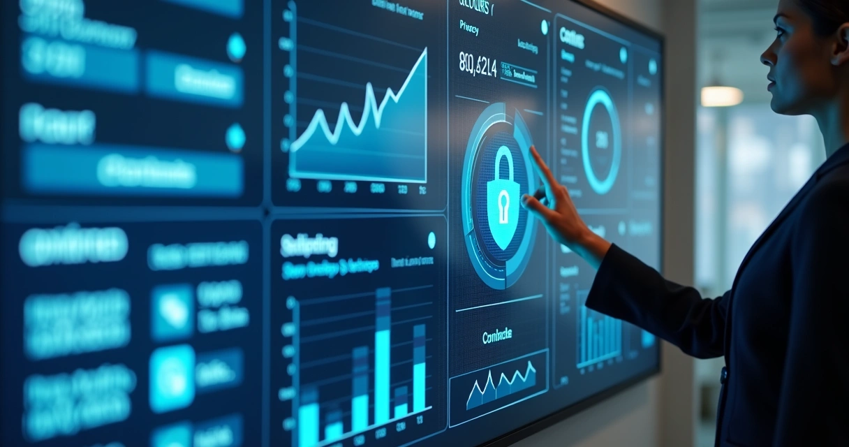 Painel digital mostrando governança e privacidade de dados SaaS com gráficos e indicadores 