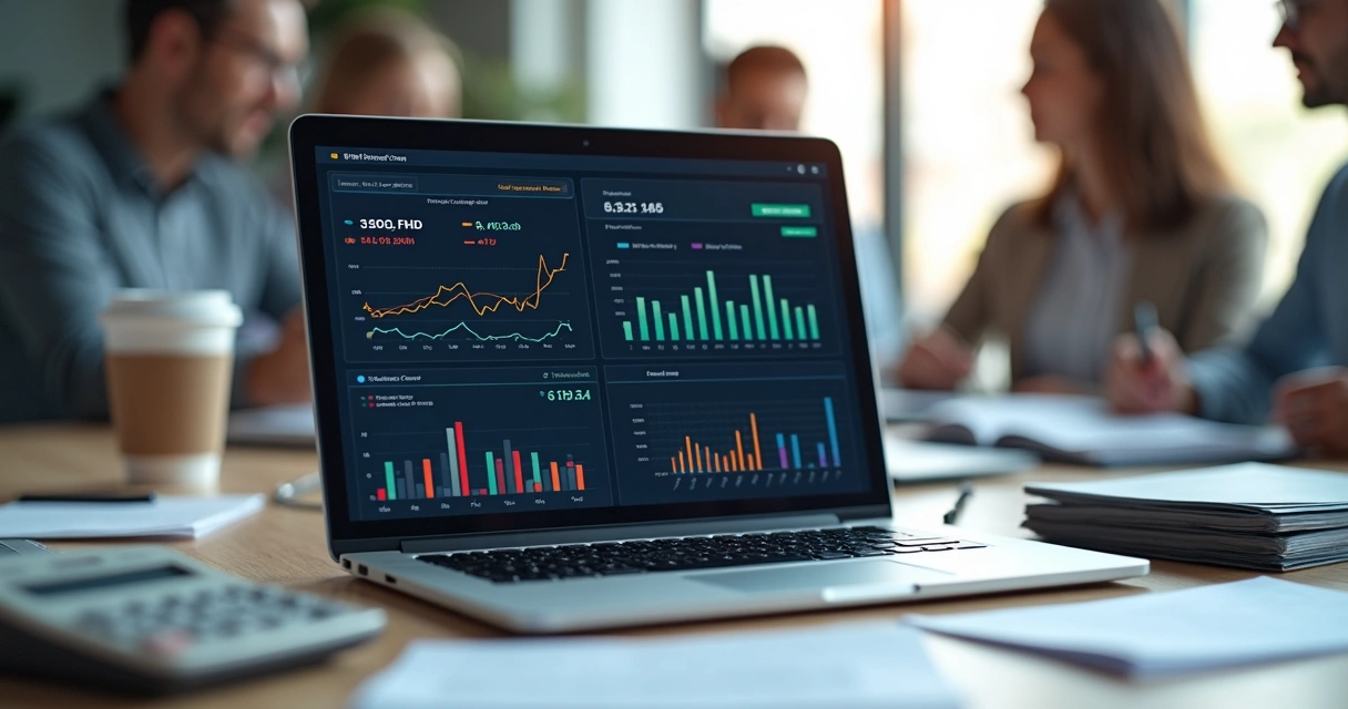 Computador com tela apresentando gráficos de painel financeiro em ambiente de escritório moderno 