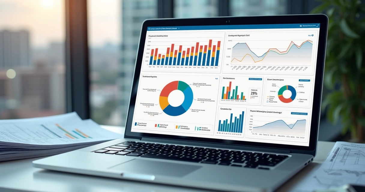 Painel de gráficos com indicadores financeiros de uma imobiliária na tela de um notebook 