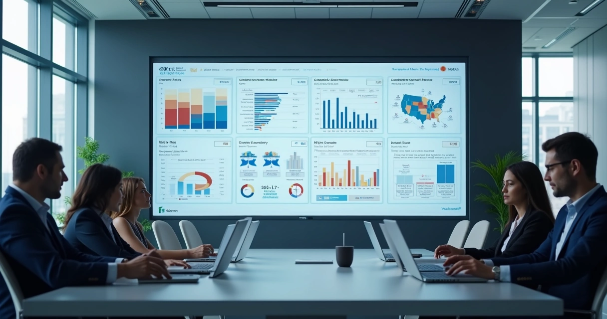 Painel digital de GRC com gráficos de risco e conformidade em escritório moderno 