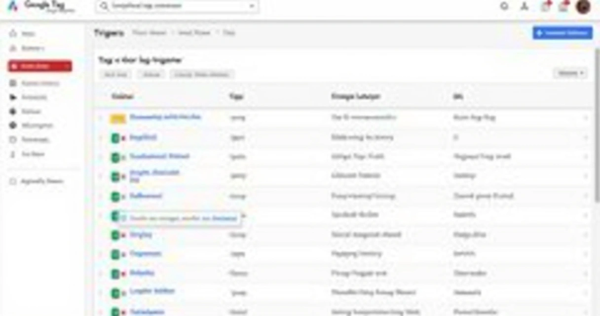 Exemplo do painel do Google Tag Manager com várias tags e disparadores 