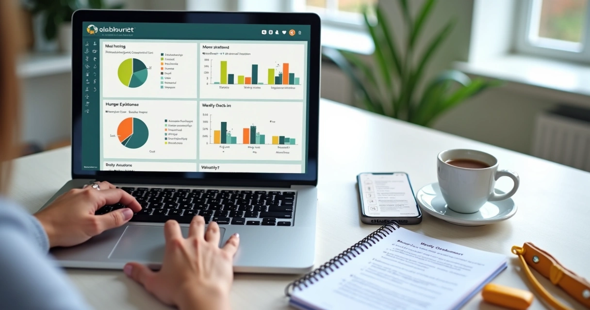 Painel com gráficos de hábitos alimentares e check-ins clínicos 