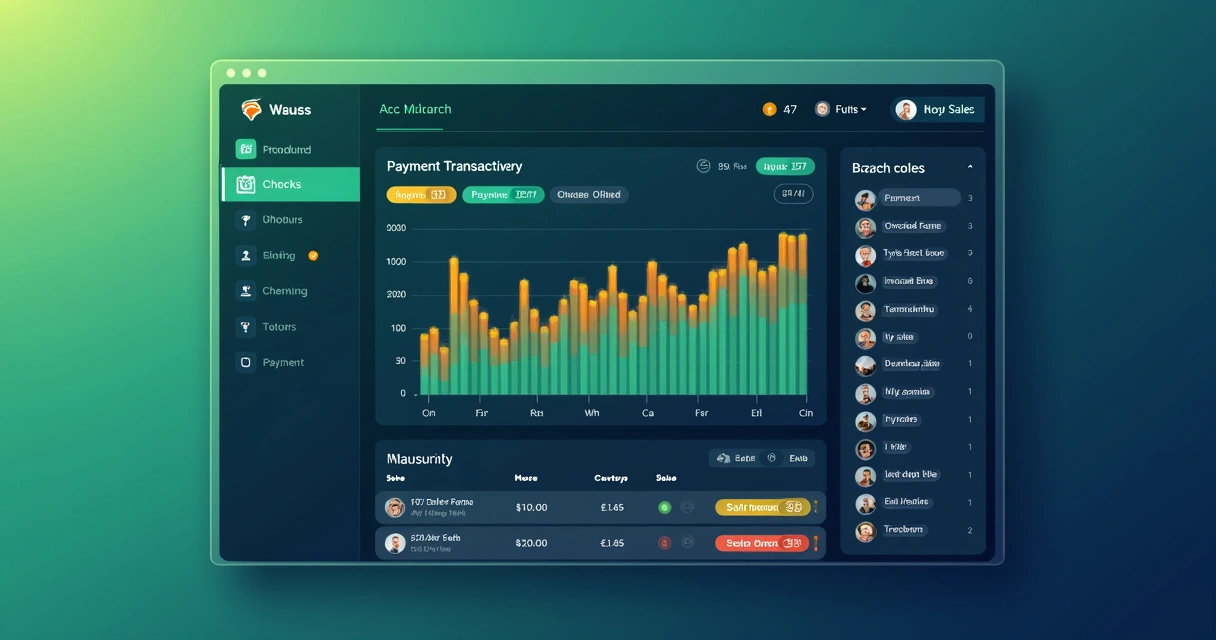 Painel digital mostrando histórico de transações de pagamento com gráficos e listas de vendas 
