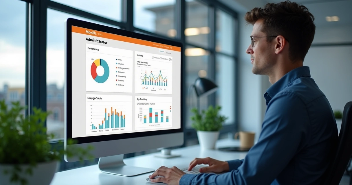 Painel administrativo do Moodle com gráficos de desempenho