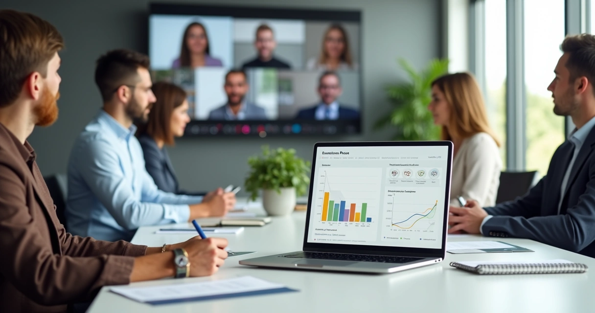 Painel digital com indicadores de humor da equipe em reunião híbrida 