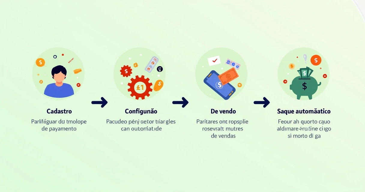 Fluxograma do painel HyperCash mostrando as etapas simples de cadastro, configuração, vendas e saque 