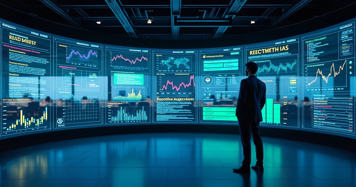 Analista observa parede de monitores com gráficos e diagramas iluminados por inteligência artificial 