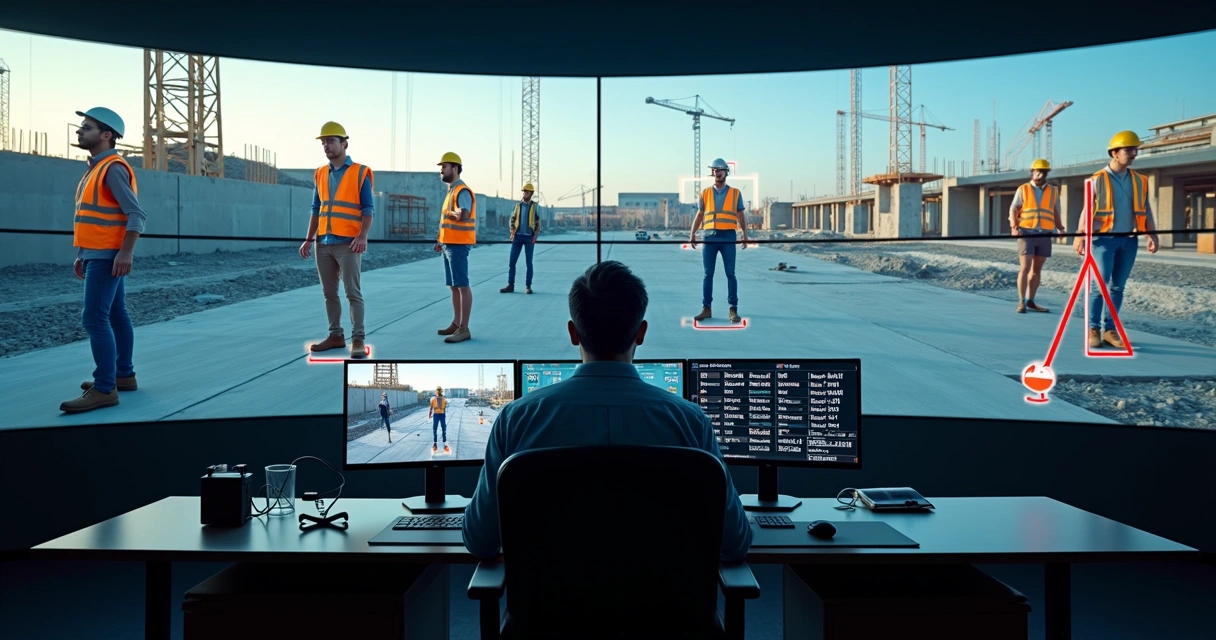 Interface de IA destacando detecção de EPI em trabalhadores em obra 