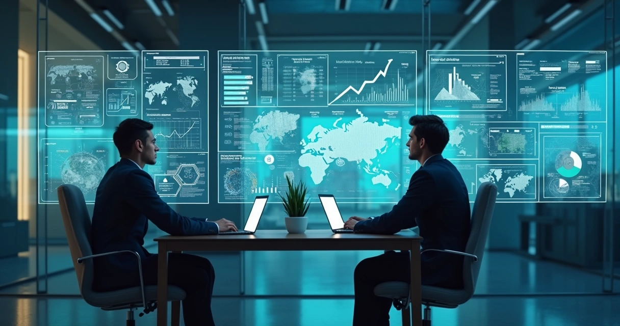 Painel de IA com gráficos financeiros e análise de empresa 