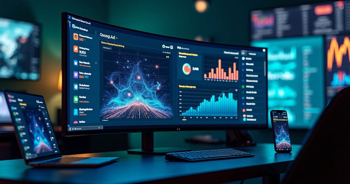 Painel unificado com gráficos de campanhas Google e Meta otimizadas por IA 