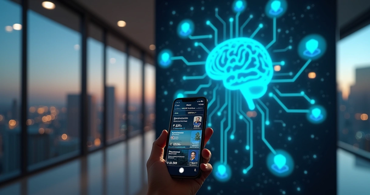 Painel de inteligência artificial conectando imóveis e clientes em smartphone 