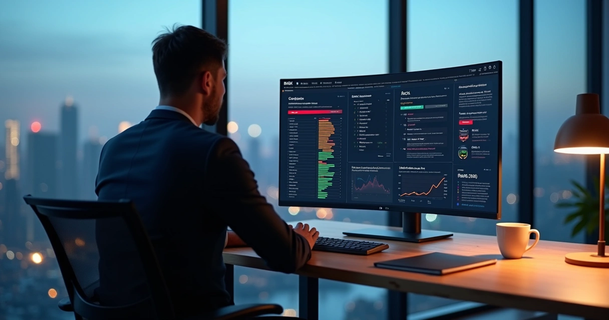 Profissional analisa painel de lead scoring com apoio de visualizações de IA em escritório moderno 