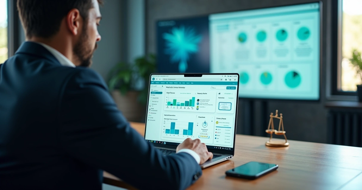 Perito analisando painel de gestão com IA em notebook em escritório moderno 