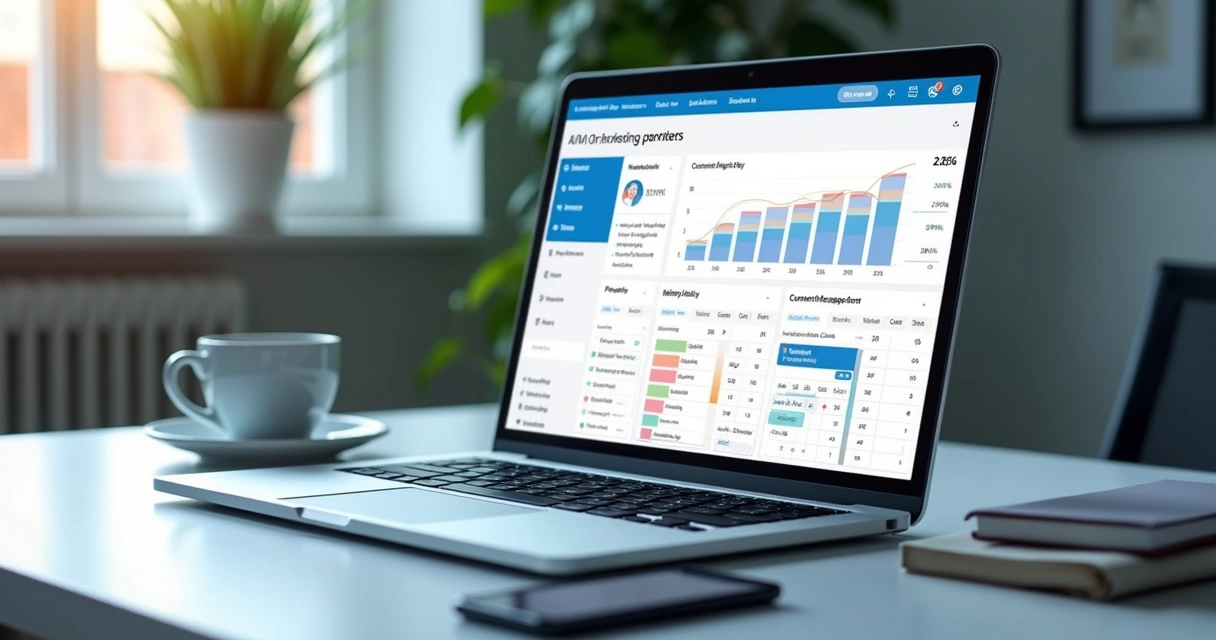 Painel de marketing com gráficos e prompts de IA 